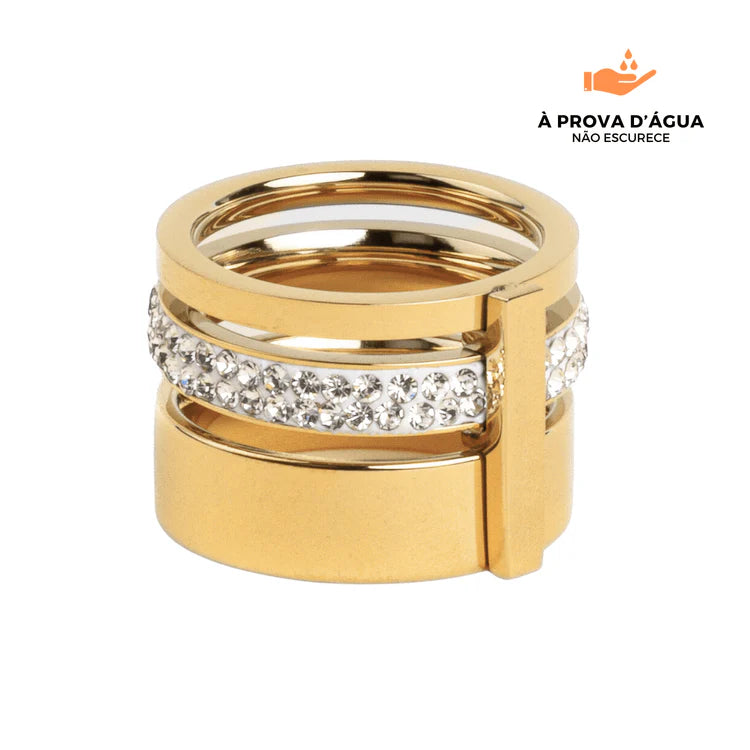 Anel Triplo com Fileira de Pedras Brilhantes Banhado em Ouro 18k